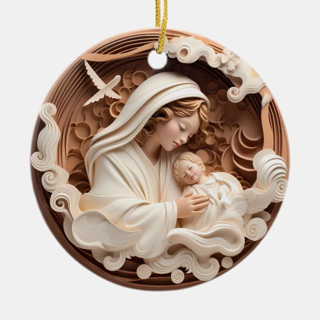 Nativitet Mary och Baby Jesus 3d Wood look Julgransprydnad Keramik (Framsidan)