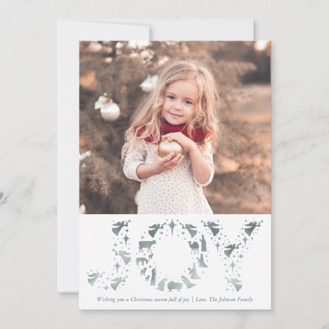 Nativitet Photo jul Card JOY Faux Silver Foil Julkort (Framsida)