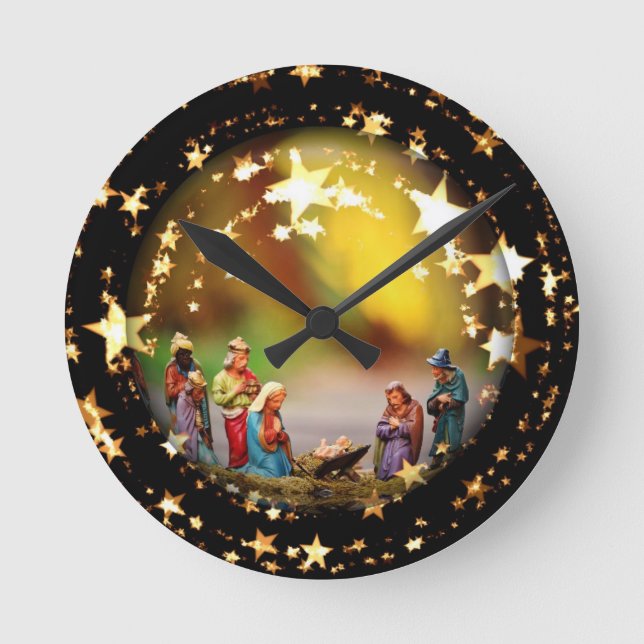 Nativitet Scene Crib Virgin Mary Infant Jesus Star Rund Klocka (Framsida)