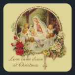 Nativitet välsignad Mor Baby Jesus Rosary Ro Fyrkantigt Klistermärke<br><div class="desc">Snygg bild av Blsed Virgin Mary som håller Baby Jesus i Manger med Rosary och Röd ros. Text och typsnitt kan ändras.</div>