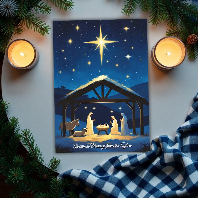 Nativitetens julstjärna i Bethlehem Bible Verse Julkort (Personalized Nativity Christmas Card with Star of Bethlehem | Luke 2:13-14 Bible Verse)