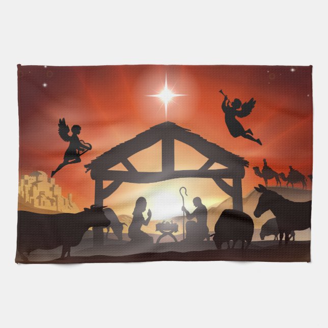 Nativitetscene-Religiösan - Helgdag Jul Kökshandduk (Horisontell)