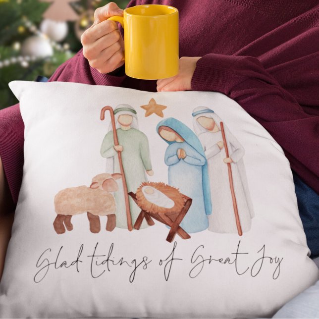 Nativitetsskript Glad Tidings of Underbar Joy Kudde (Mary Joseph baby Jesus and Shepherd Glad Tidings Pillow. Same design both sides)