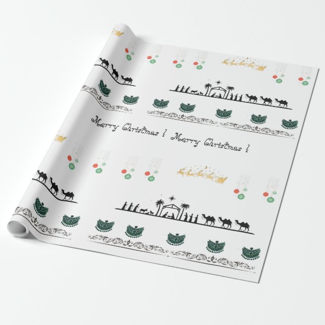 Nativitetstema, rött, guld, grönt baroque presentpapper (Utrullad)