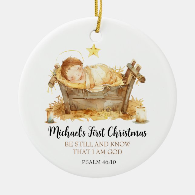 Nativity Bible Verse Baby's First Christmas Julgransprydnad Keramik (Framsidan)