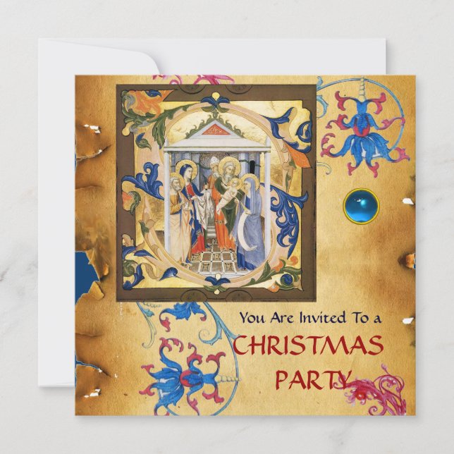 NATIVITY BLOMMIGT CHRISTMAS PARCHMENT MED BLUE GEM INBJUDNINGAR (Framsida)