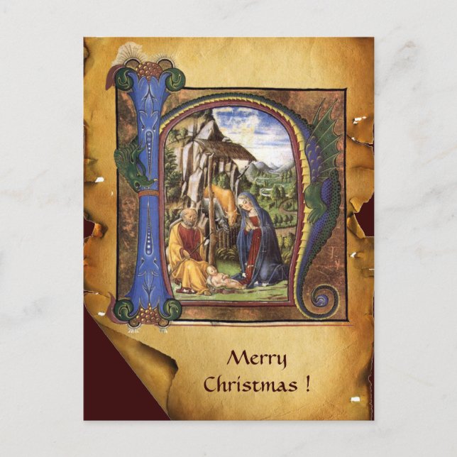 NATIVITY JULAFTON PARCHMENT Blue Sapphire Monogram Helg Vykort (Framsida)