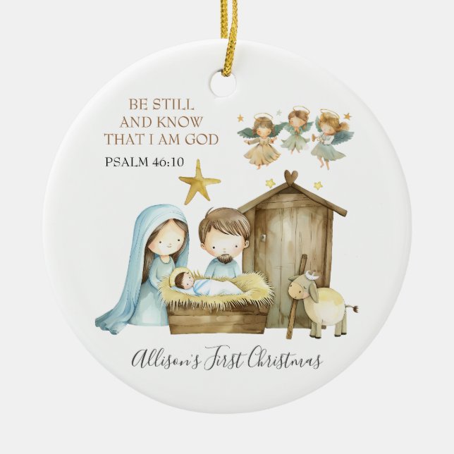 Nativity Manger Scene Bible Verse First Christmas Julgransprydnad Keramik (Framsidan)