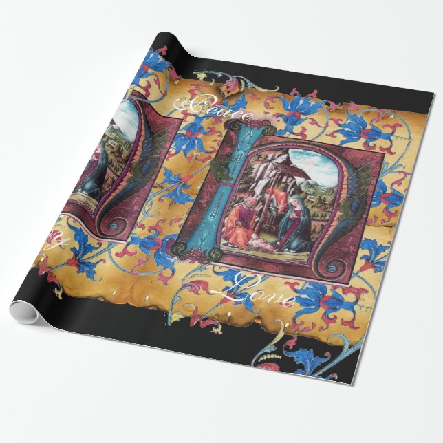 NATIVITY MONOGRAM BLOMMIGT CHRISTMAS PARCHMENT PRESENTPAPPER (Utrullad)