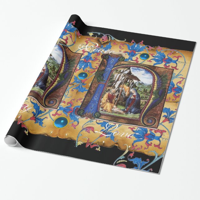 NATIVITY MONOGRAM BLOMMIGT CHRISTMAS PARCHMENT PRESENTPAPPER (Utrullad)