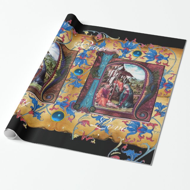 NATIVITY MONOGRAM BLOMMIGT CHRISTMAS PARCHMENT PRESENTPAPPER (Utrullad)
