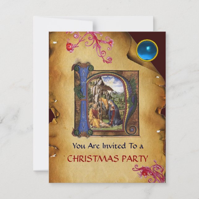 NATIVITY MONOGRAM CHRISTMAS PARCHMENT Blue Gem Ice Inbjudningar (Framsida)