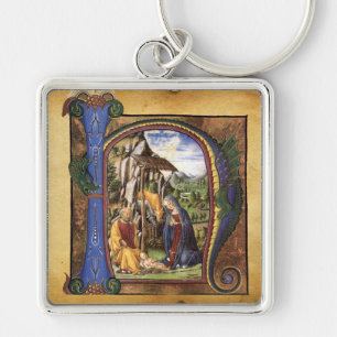 NATIVITY MONOGRAM CHRISTMAS PARCHMENT FYRKANTIG SILVERFÄRGAD NYCKELRING