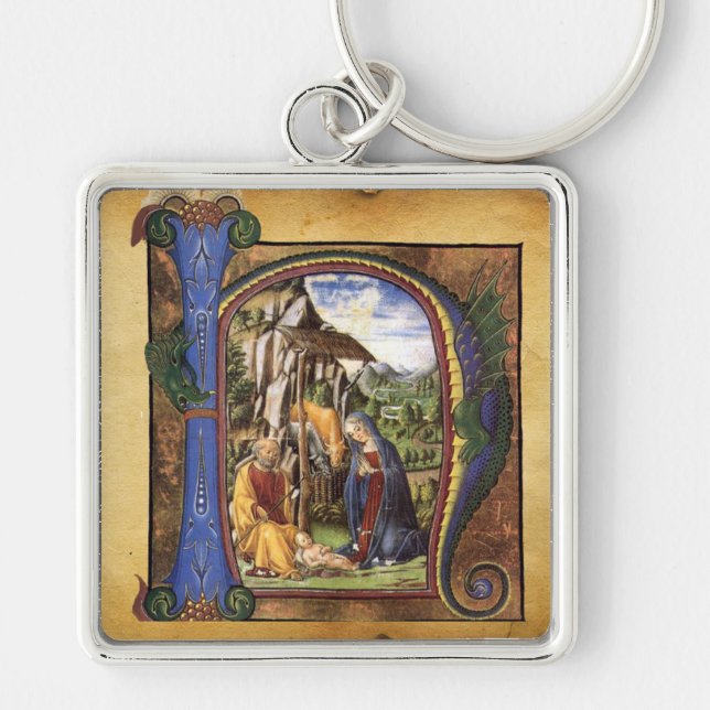 NATIVITY MONOGRAM CHRISTMAS PARCHMENT FYRKANTIG SILVERFÄRGAD NYCKELRING (Framsidan)