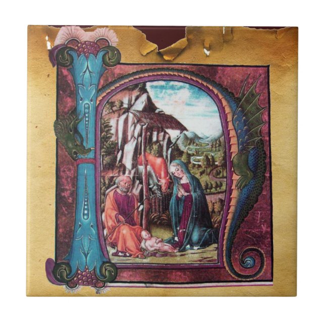 NATIVITY MONOGRAM CHRISTMAS PARCHMENT KAKELPLATTA (Framsidan)