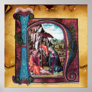 NATIVITY MONOGRAM CHRISTMAS PARCHMENT POSTER