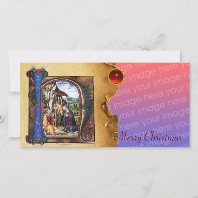 NATIVITY MONOGRAM CHRISTMAS PARCHMENT Red Gem Julkort (Framsida)