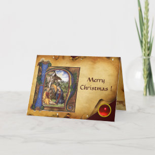NATIVITY MONOGRAM CHRISTMAS PARCHMENT Red Ruby Gem Helgkort