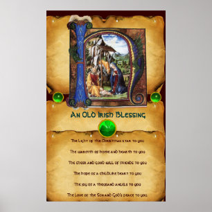 NATIVITY Old Irish jul Blating Parchment Poster