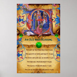 NATIVITY Old Irish jul Blating Parchment Poster