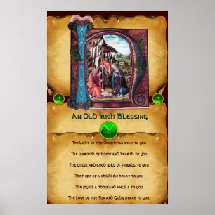 NATIVITY Old Irish jul Blating Parchment Poster