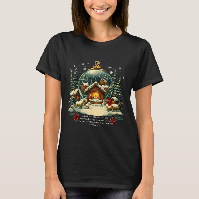 Nativity Ornament Christmas Scene Matthew 1_21  T Shirt (Framsida)