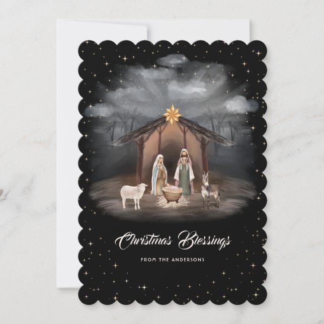 Nativity Scene Black Christmas Blessings Christian Julkort (Framsida)