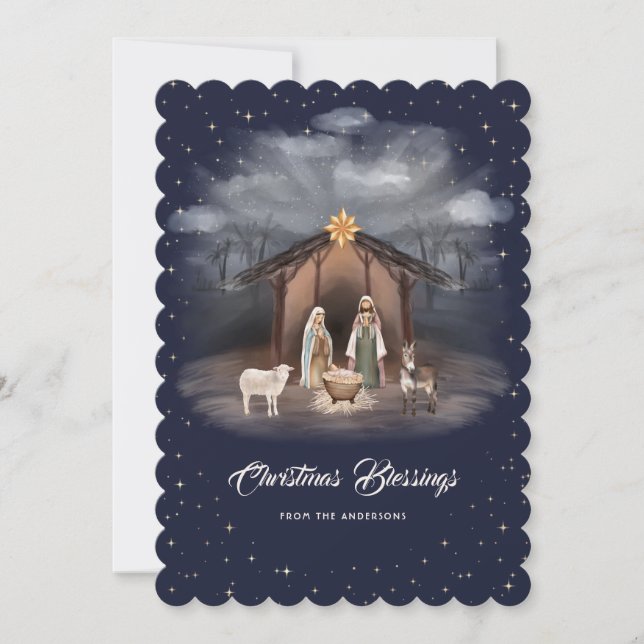 Nativity Scene Blue Christmas Blessings Christian Julkort (Framsida)