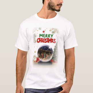 Nativity Scene in Christmas Snow Globe T Shirt