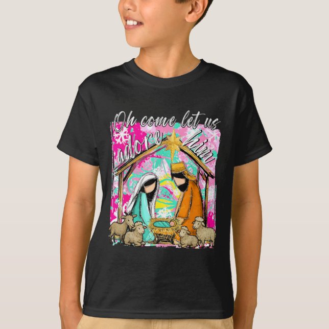 Nativity Scene Oh Come Let Us Adore Him Christmas  T Shirt (Framsida)