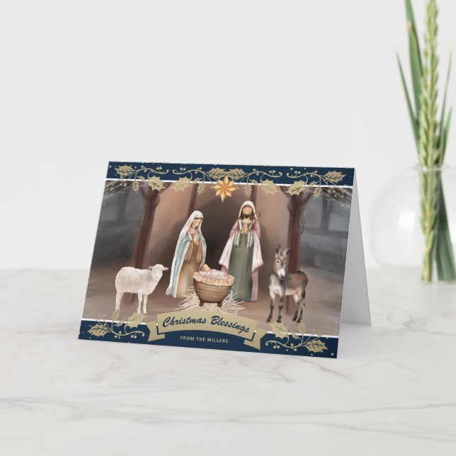 Nativity Scene Star of Bethlehem Blue Holiday Kort (Framsida)