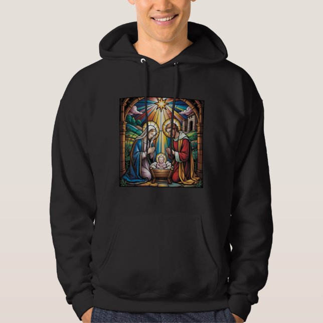 Nativity Stained Glass Art – Holy Family Christmas Hoodie (Framsida)
