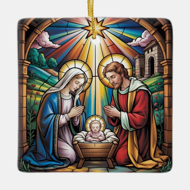 Nativity Stained Glass Art – Holy Family Christmas Julgransprydnad Keramik (Framsida)