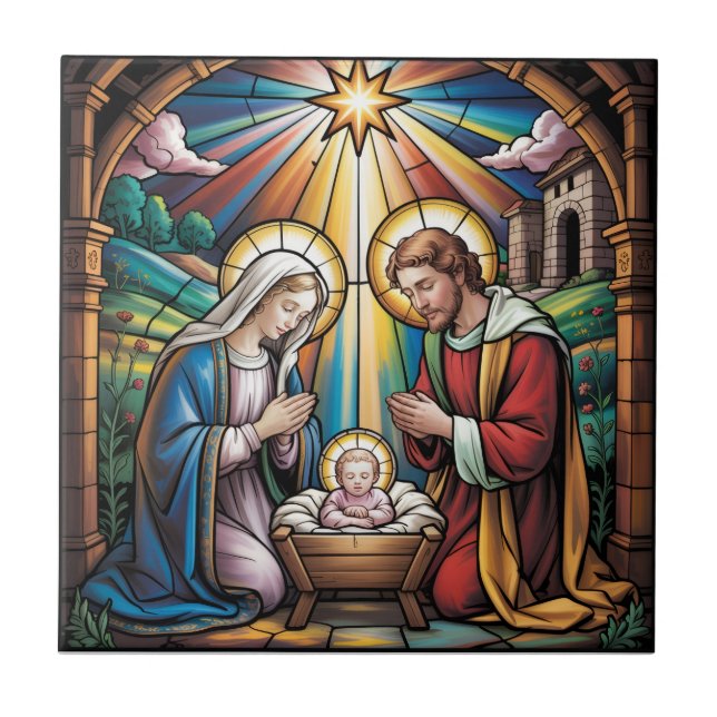 Nativity Stained Glass Art – Holy Family Christmas Kakelplatta (Framsidan)