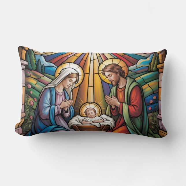 Nativity Stained Glass Art – Holy Family Christmas Lumbarkudde (Framsida)