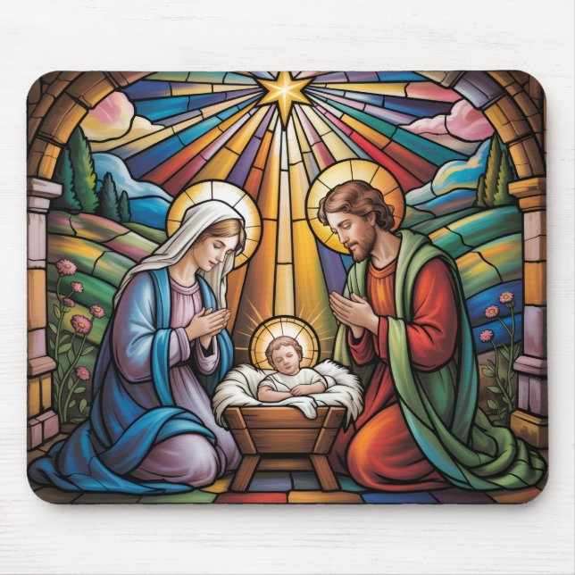 Nativity Stained Glass Art – Holy Family Christmas Musmatta (Framsidan)