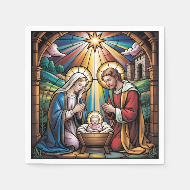 Nativity Stained Glass Art – Holy Family Christmas Pappersservett (Framsidan)