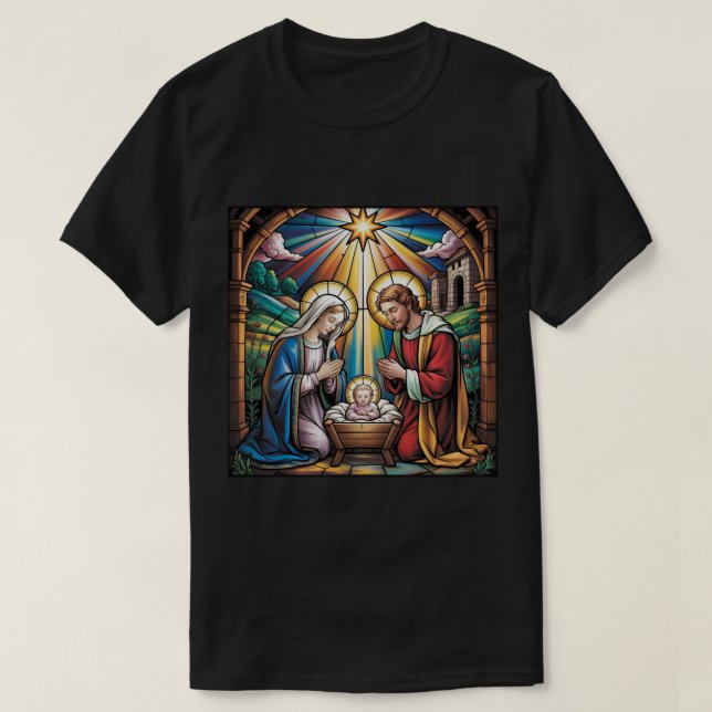 Nativity Stained Glass Art – Holy Family Christmas T Shirt (Design framsida)
