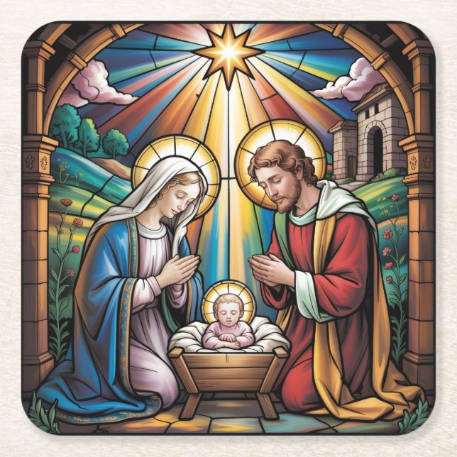 Nativity Stained Glass Art – Holy Family Christmas Underlägg Papper Kvadrat (Framsidan)