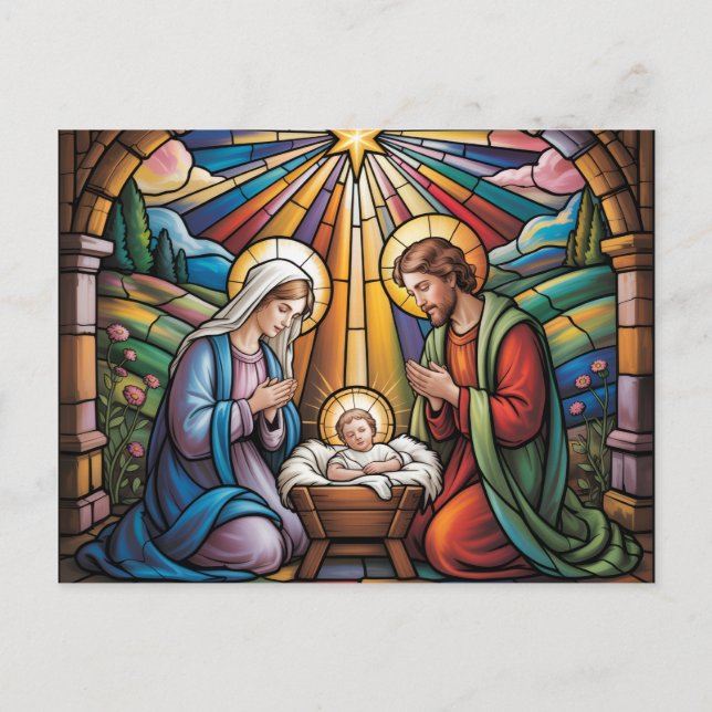 Nativity Stained Glass Art – Holy Family Christmas Vykort (Framsida)
