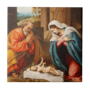 Nativity vid den Lorenzo lottoen Kakelplatta