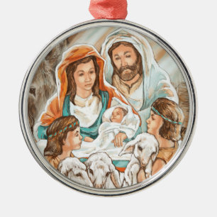 Nativitymålning med lite herdepojkar julgransprydnad metall