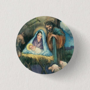NativityMangerstall, vintagejulkonst klämmer fast Knapp