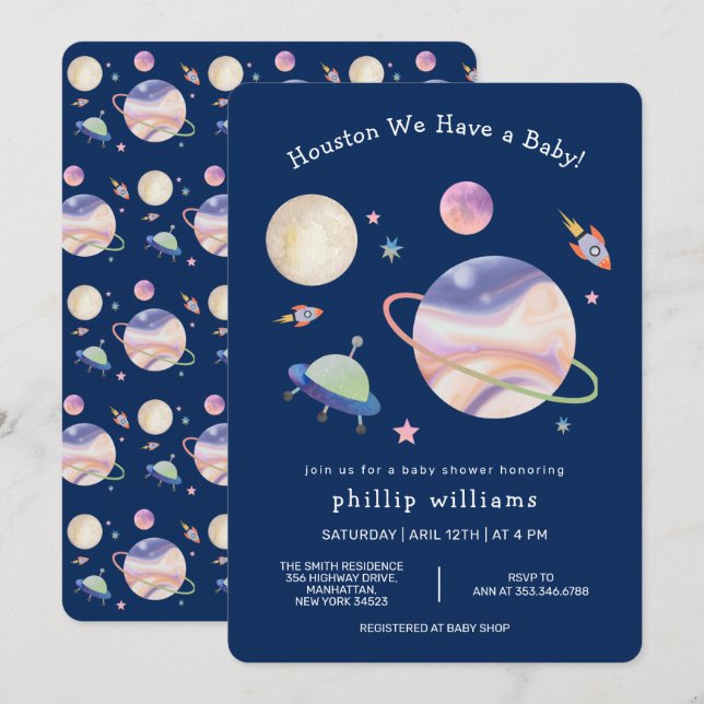 Natt blå galax rymd måne stjärna baby shower inbjudningar (Fram/baksida)
