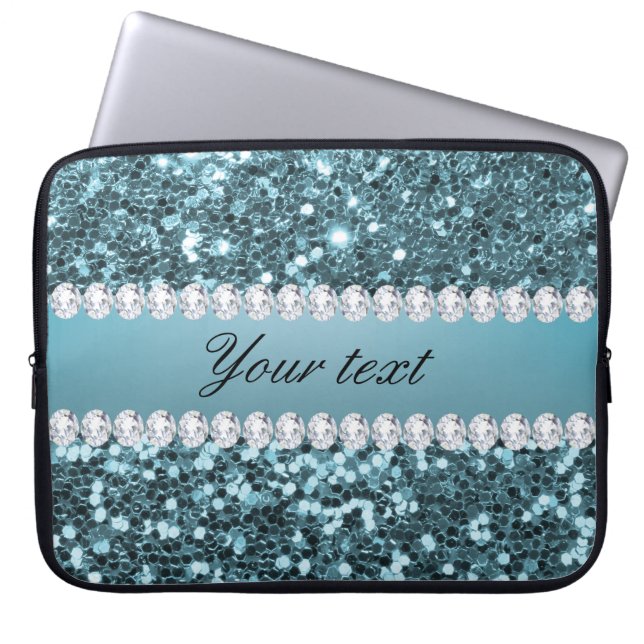 Nätt blåttFauxglitter och diamanter Laptop Sleeve (Framsidan)