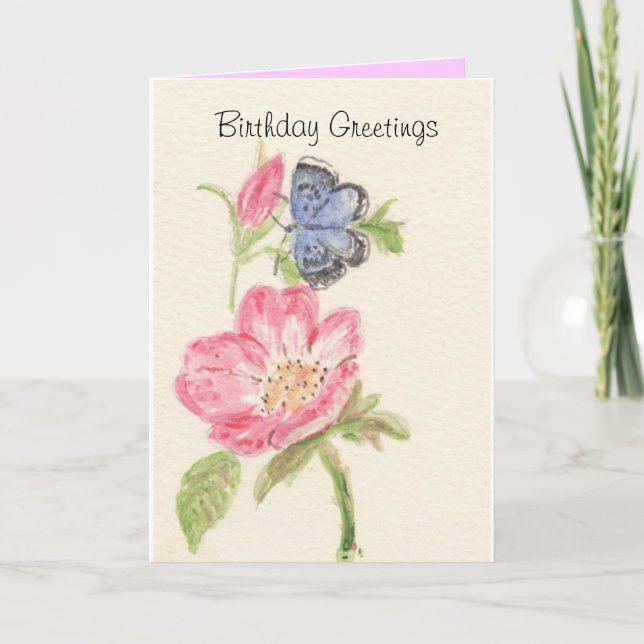 Nätt blåttfjäril på rosablomma kort (Framsida)