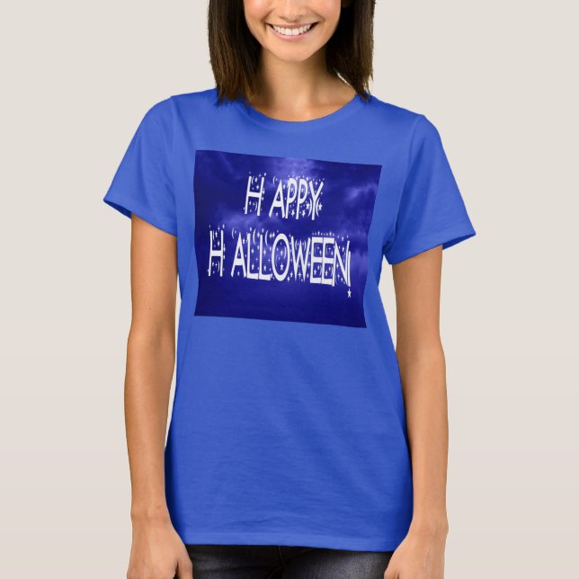 Natt Blue Happy halloween Text Dam T-Shirt (Framsida)