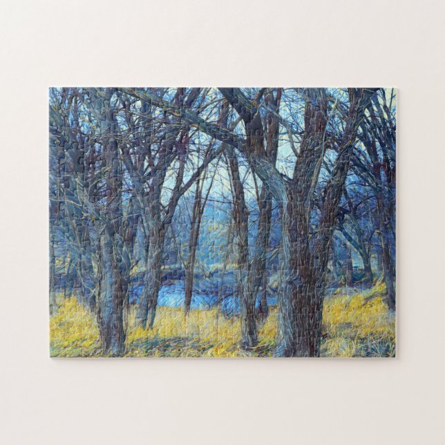 Natt Blue Träd Forest Art Puzzle Pussel (Horisontell)