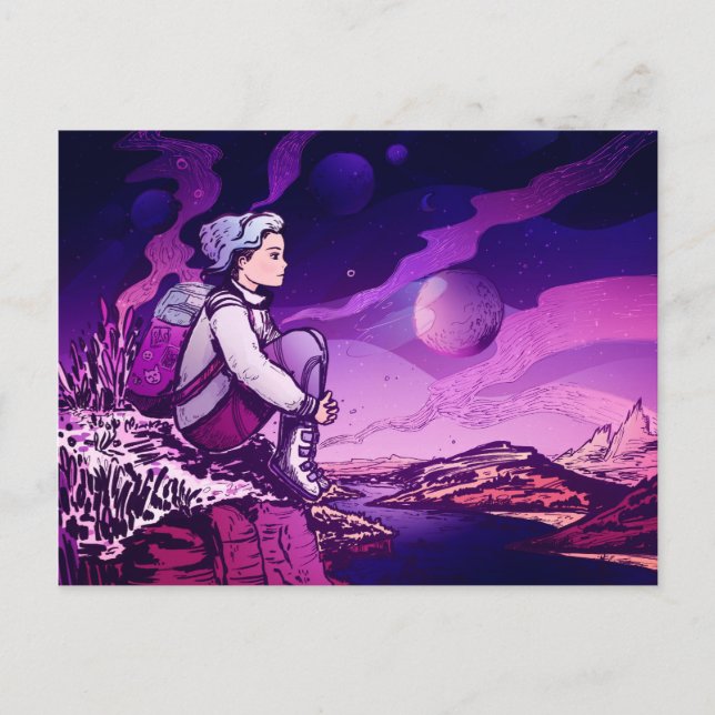 Natt för astronaut för blåtthårflicka helg vykort (Framsida)