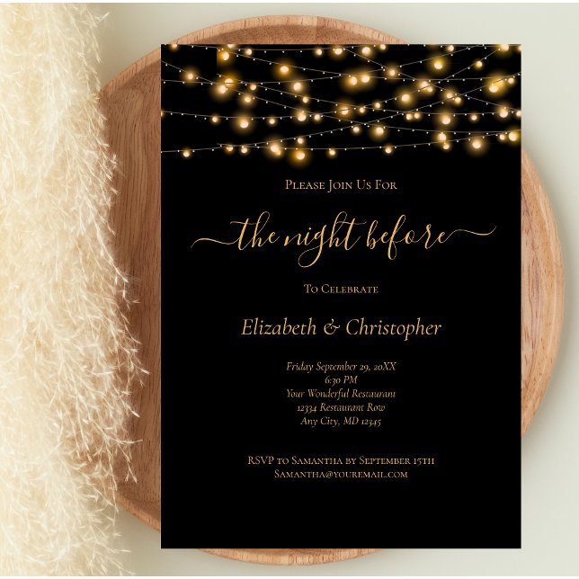 Natt före Svarta Guld-Ljus-repetitionsdagen Inbjudningar (Black Gold Lights Wedding Rehearsal Dinner Invitation. Printed or Digital)